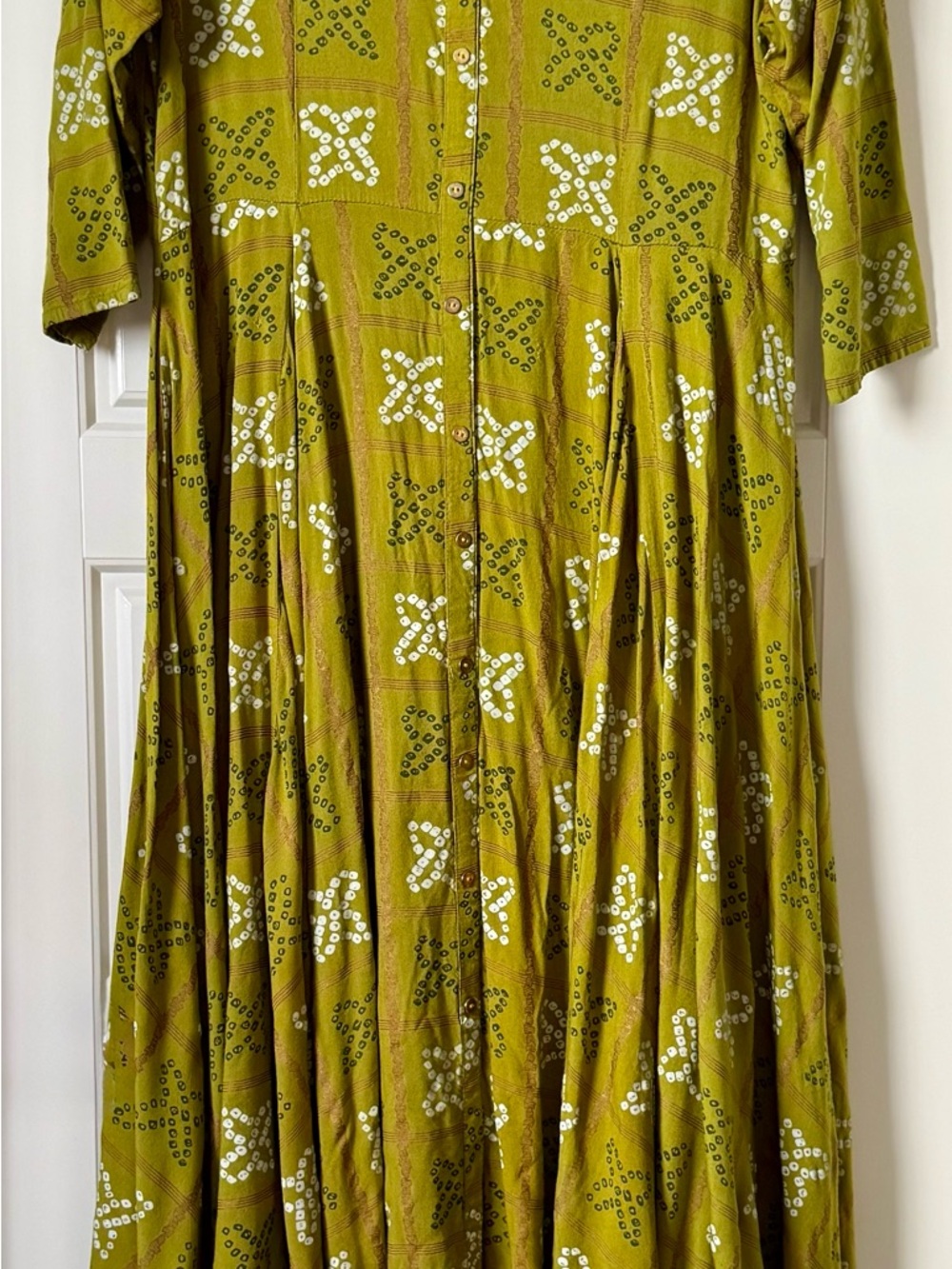 Vintage Bandhani Cotton Maxi Dress M Green Block Print India Boho Prairie